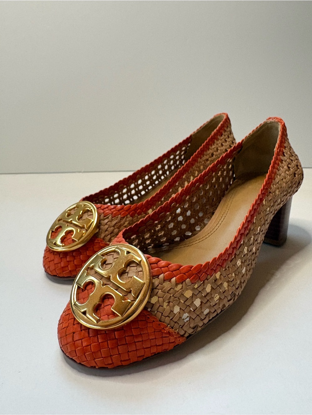 Tory Burch Chelsea Woven Orange and Tan Block Heel Pumps with Gold Logo